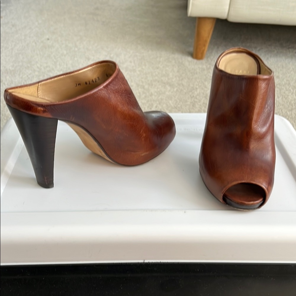 Brown Leather Peep-Toe Mules